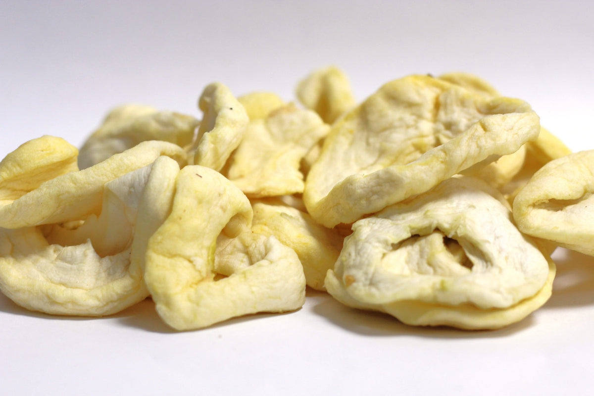 Apples, a loose heap of dried apple rings with pale cream centers