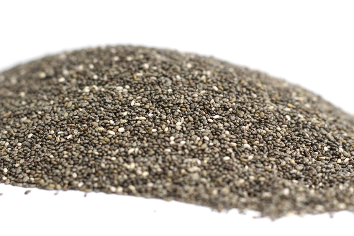 Chia Seeds with tiny whole black and white seeds in a loose pile