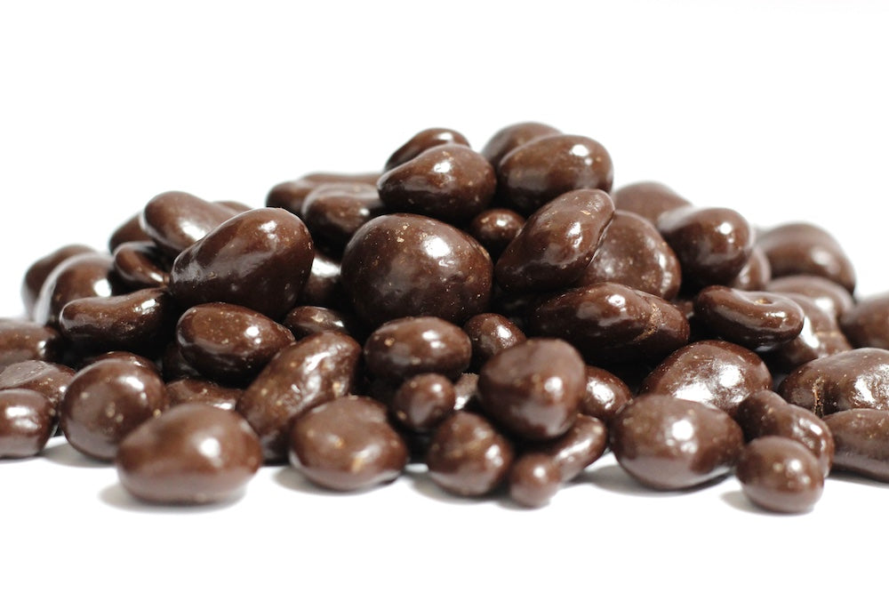 Dark Chocolate Cranberries, whole cranberries coated in dark chocolate in a loose heap