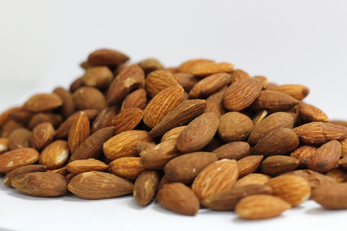 Roasted, No Salt Almonds, whole roasted almonds in a loose pile