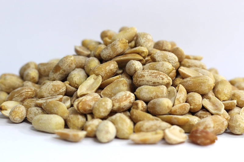 Roasted, Salted Peanuts, a loose heap of whole peanuts and peanut halves