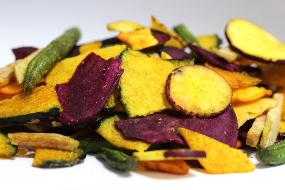 Veggie Chips, a loose heap of thin, irregularly sliced vegetable chips
